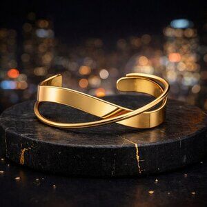 18K Gold Plated Stainless Steel Bangle Non Tarnish Waterproof Overlap Cuff